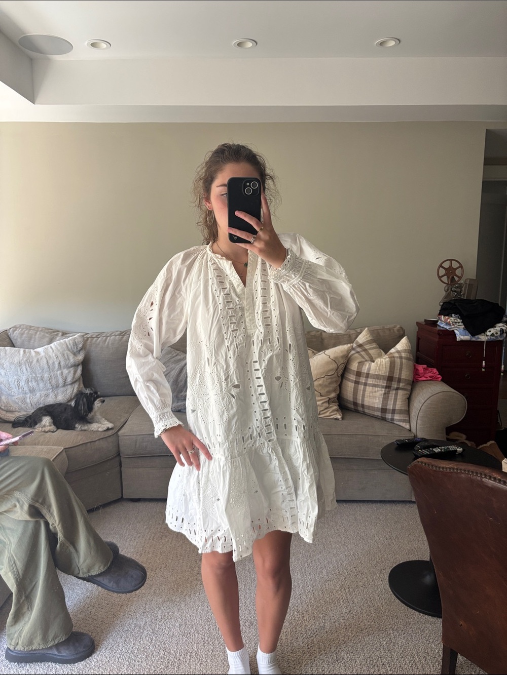 Rails White Eyelet Long-Sleeve Mini Dress
